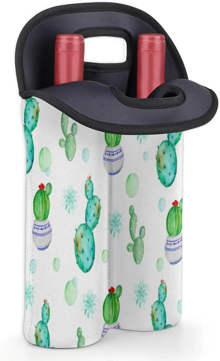 2 Bottle Wine Carrier Tote Bag Lovely Cactus Insulated Neoprene Wine Bottle Holder Portable Wine Cooler Bag with Secure Carry Handle for Travel Picnic Birthday Party