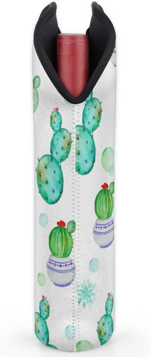 2 Bottle Wine Carrier Tote Bag Lovely Cactus Insulated Neoprene Wine Bottle Holder Portable Wine Cooler Bag with Secure Carry Handle for Travel Picnic Birthday Party