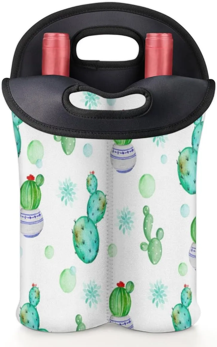 2 Bottle Wine Carrier Tote Bag Lovely Cactus Insulated Neoprene Wine Bottle Holder Portable Wine Cooler Bag with Secure Carry Handle for Travel Picnic Birthday Party