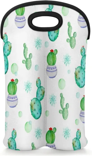 2 Bottle Wine Carrier Tote Bag Lovely Cactus Insulated Neoprene Wine Bottle Holder Portable Wine Cooler Bag with Secure Carry Handle for Travel Picnic Birthday Party