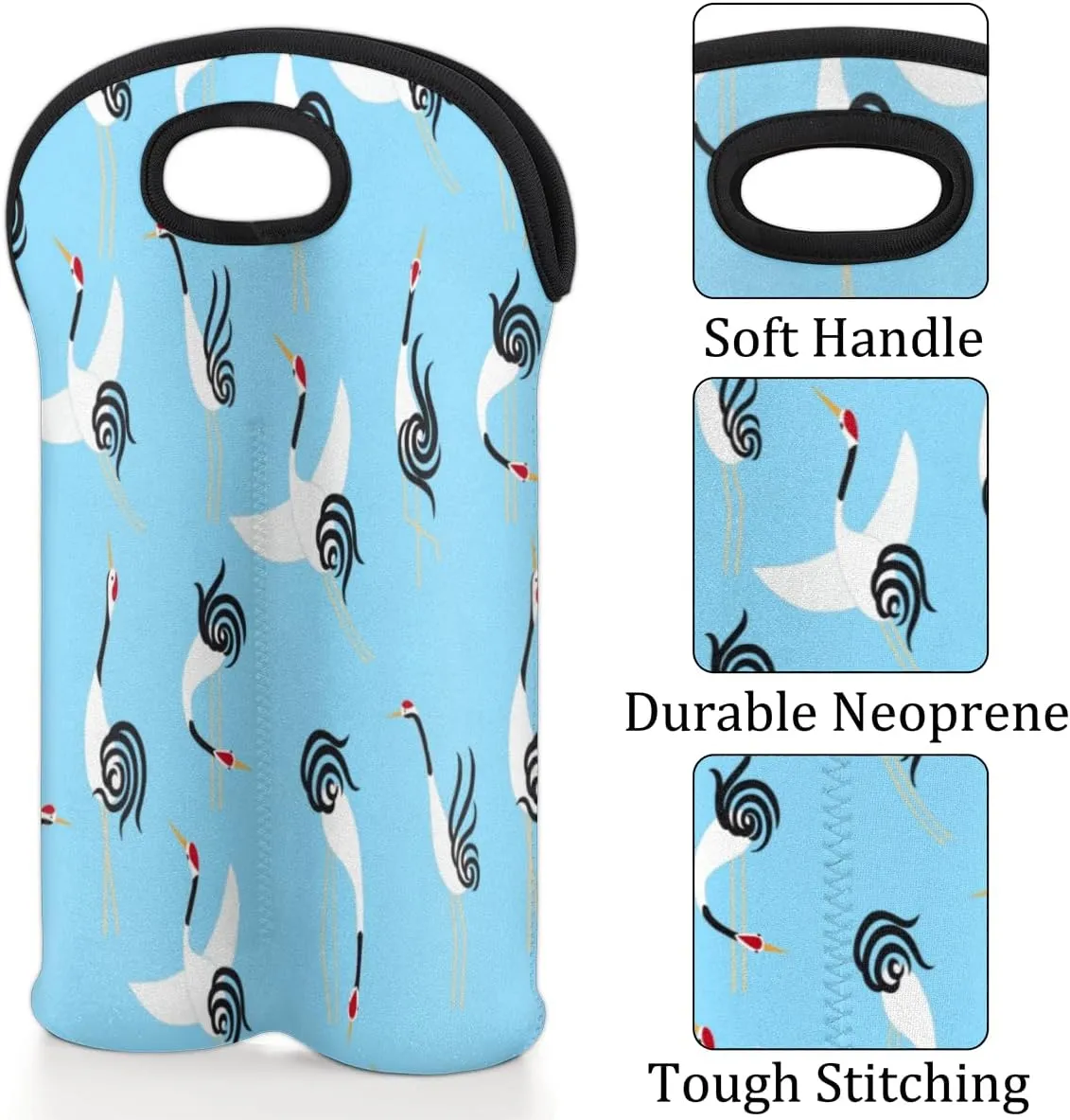 2 Bottle Wine Carrier Tote Bag Lovely Crane Insulated Neoprene Wine Bottle Holder Portable Wine Cooler Bag with Secure Carry Handle for Travel Picnic Birthday Party