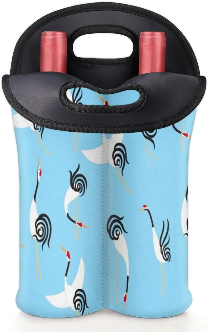 2 Bottle Wine Carrier Tote Bag Lovely Crane Insulated Neoprene Wine Bottle Holder Portable Wine Cooler Bag with Secure Carry Handle for Travel Picnic Birthday Party
