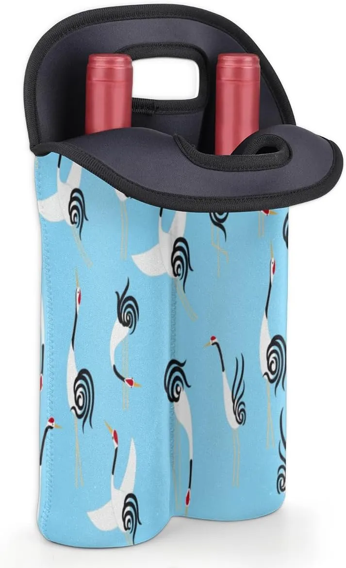 2 Bottle Wine Carrier Tote Bag Lovely Crane Insulated Neoprene Wine Bottle Holder Portable Wine Cooler Bag with Secure Carry Handle for Travel Picnic Birthday Party