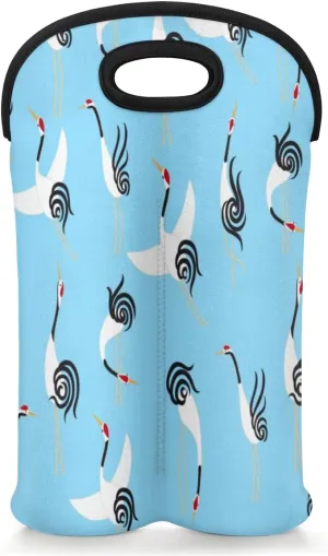 2 Bottle Wine Carrier Tote Bag Lovely Crane Insulated Neoprene Wine Bottle Holder Portable Wine Cooler Bag with Secure Carry Handle for Travel Picnic Birthday Party
