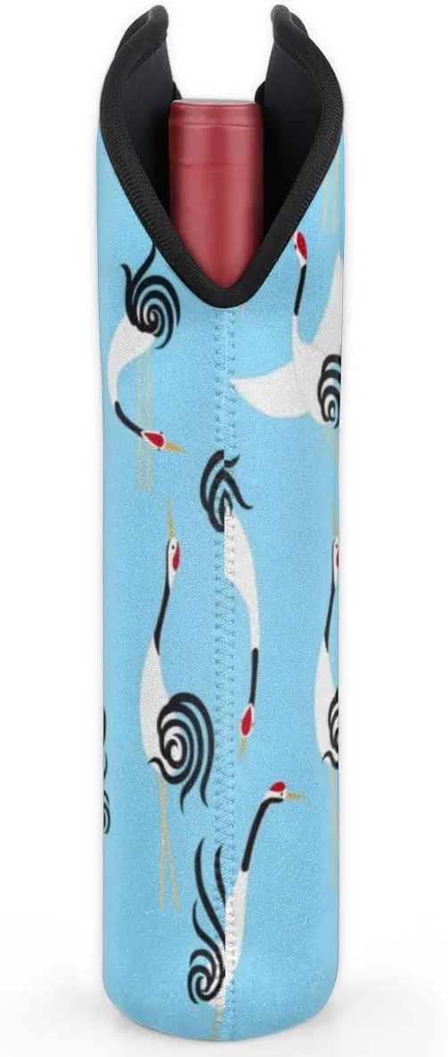 2 Bottle Wine Carrier Tote Bag Lovely Crane Insulated Neoprene Wine Bottle Holder Portable Wine Cooler Bag with Secure Carry Handle for Travel Picnic Birthday Party