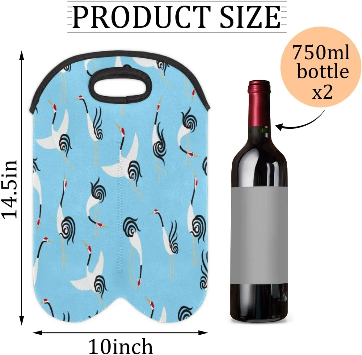 2 Bottle Wine Carrier Tote Bag Lovely Crane Insulated Neoprene Wine Bottle Holder Portable Wine Cooler Bag with Secure Carry Handle for Travel Picnic Birthday Party