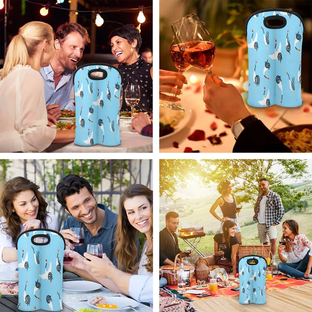 2 Bottle Wine Carrier Tote Bag Lovely Crane Insulated Neoprene Wine Bottle Holder Portable Wine Cooler Bag with Secure Carry Handle for Travel Picnic Birthday Party