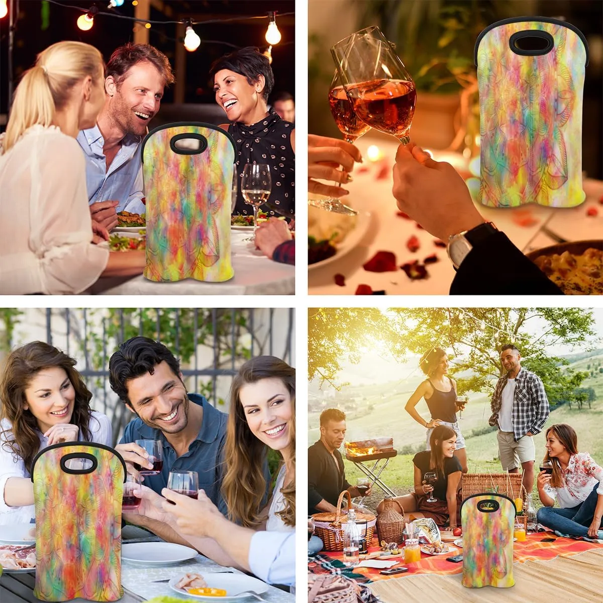 2 Bottle Wine Carrier Tote Bag Misty Symbol Insulated Neoprene Portable Bottle Holder Great Gift for Wine Lover, Great for Picnics Travel BYOB, Outdoor Entertaining