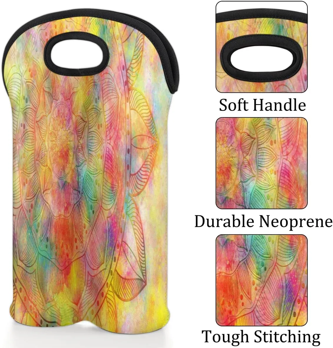 2 Bottle Wine Carrier Tote Bag Misty Symbol Insulated Neoprene Portable Bottle Holder Great Gift for Wine Lover, Great for Picnics Travel BYOB, Outdoor Entertaining