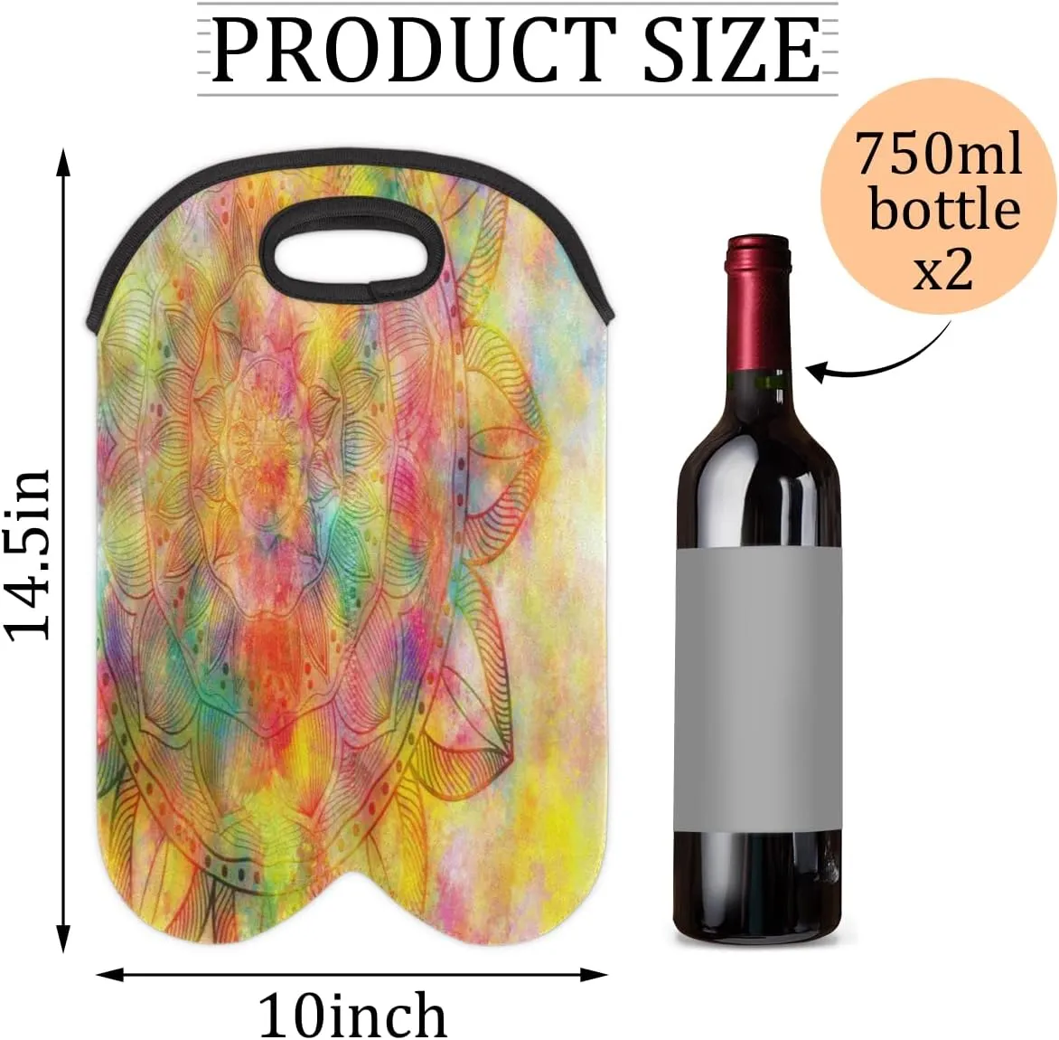2 Bottle Wine Carrier Tote Bag Misty Symbol Insulated Neoprene Portable Bottle Holder Great Gift for Wine Lover, Great for Picnics Travel BYOB, Outdoor Entertaining