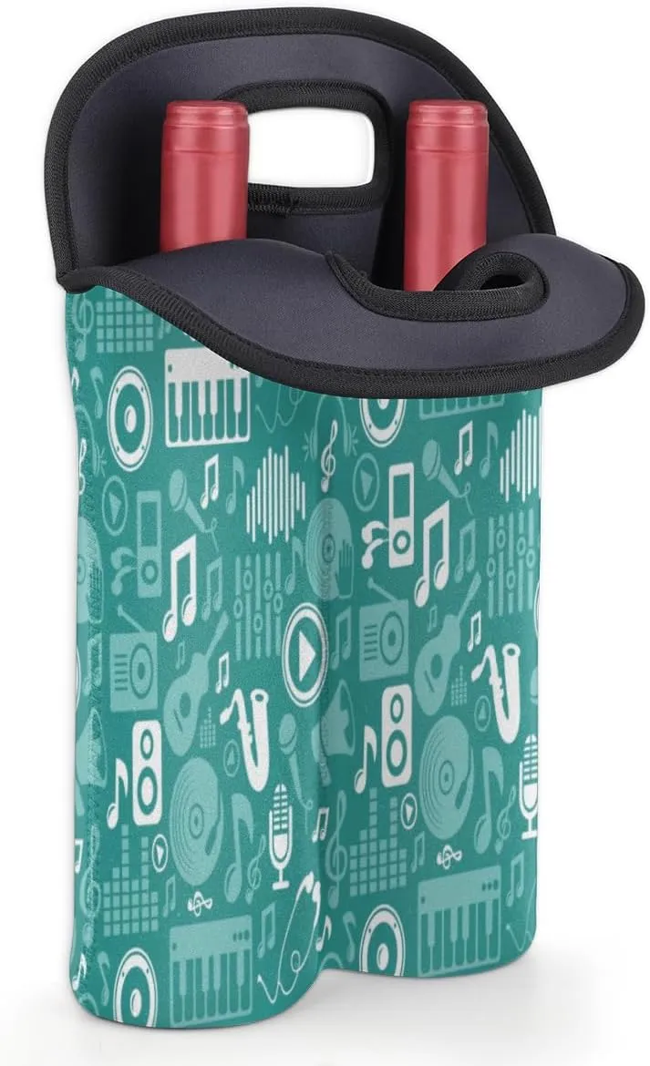 2 Bottle Wine Carrier Tote Bag Music Notes Piano Insulated Neoprene Wine Bottle Holder Portable Wine Cooler Bag with Secure Carry Handle for Travel Picnic Birthday Party
