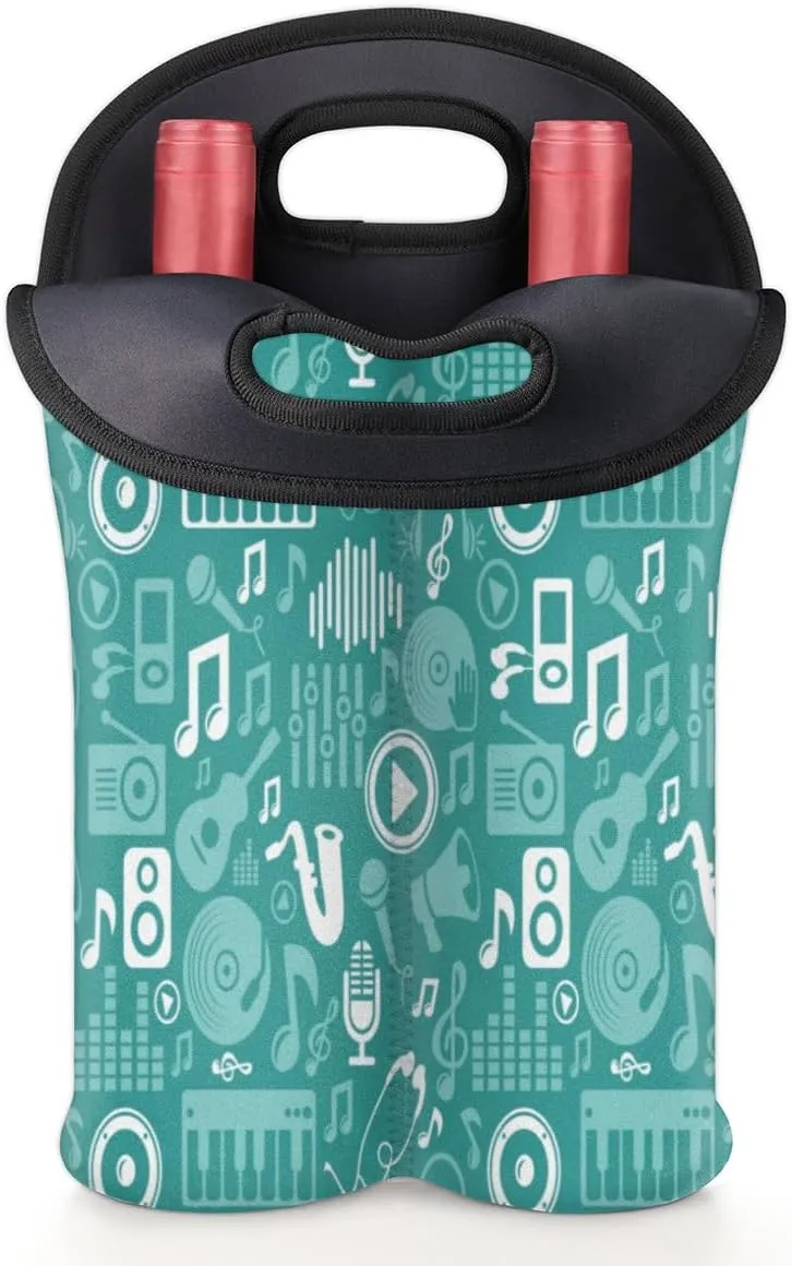 2 Bottle Wine Carrier Tote Bag Music Notes Piano Insulated Neoprene Wine Bottle Holder Portable Wine Cooler Bag with Secure Carry Handle for Travel Picnic Birthday Party