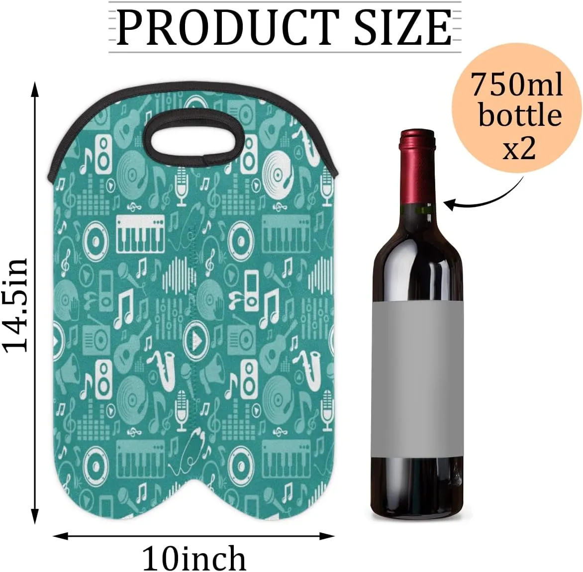2 Bottle Wine Carrier Tote Bag Music Notes Piano Insulated Neoprene Wine Bottle Holder Portable Wine Cooler Bag with Secure Carry Handle for Travel Picnic Birthday Party