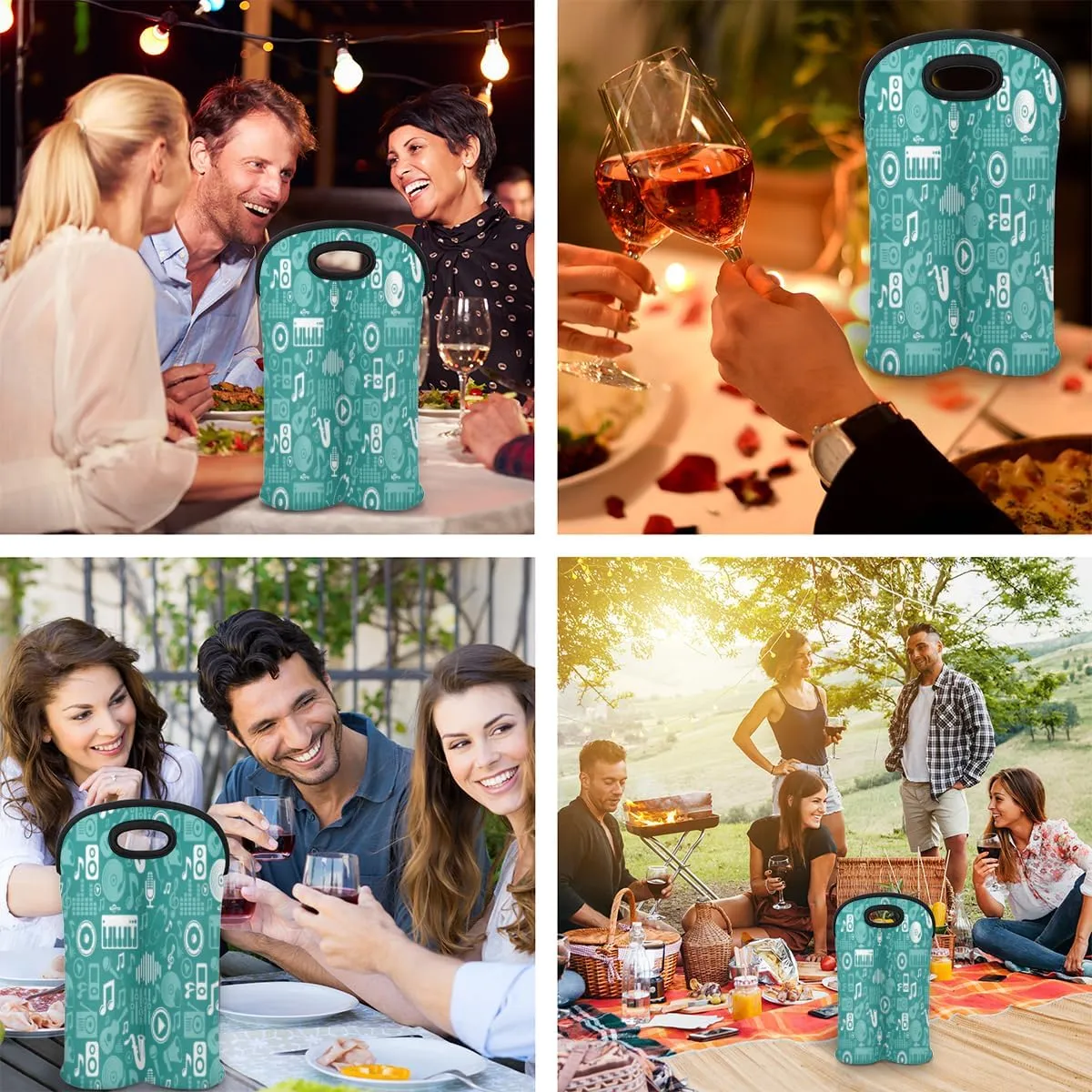 2 Bottle Wine Carrier Tote Bag Music Notes Piano Insulated Neoprene Wine Bottle Holder Portable Wine Cooler Bag with Secure Carry Handle for Travel Picnic Birthday Party