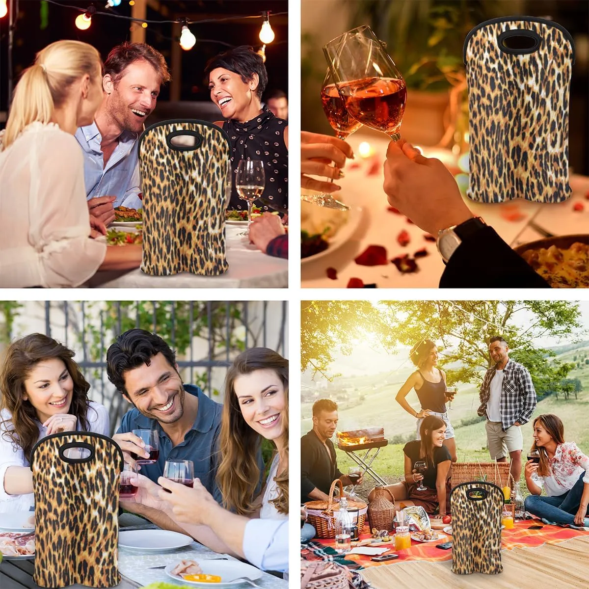 2 Bottle Wine Carrier Tote Bag Noble Leopard Print Insulated Neoprene Portable Bottle Holder Great Gift for Wine Lover, Great for Picnics Travel BYOB, Outdoor Entertaining