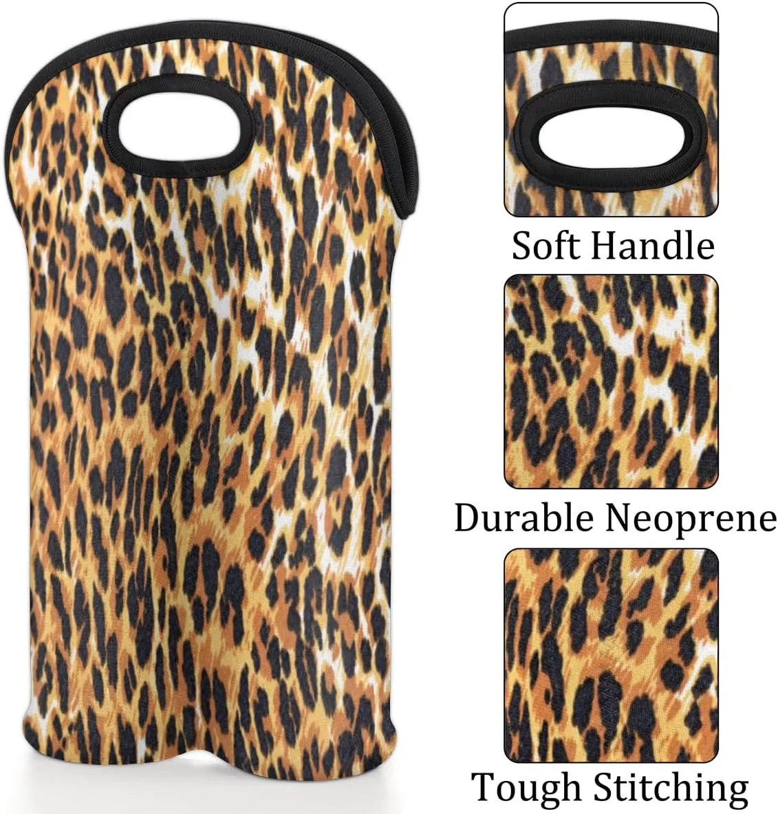 2 Bottle Wine Carrier Tote Bag Noble Leopard Print Insulated Neoprene Portable Bottle Holder Great Gift for Wine Lover, Great for Picnics Travel BYOB, Outdoor Entertaining