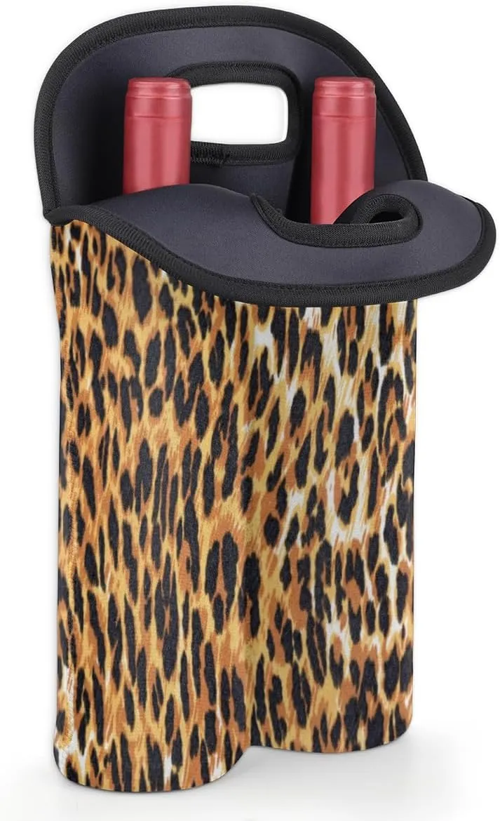 2 Bottle Wine Carrier Tote Bag Noble Leopard Print Insulated Neoprene Portable Bottle Holder Great Gift for Wine Lover, Great for Picnics Travel BYOB, Outdoor Entertaining