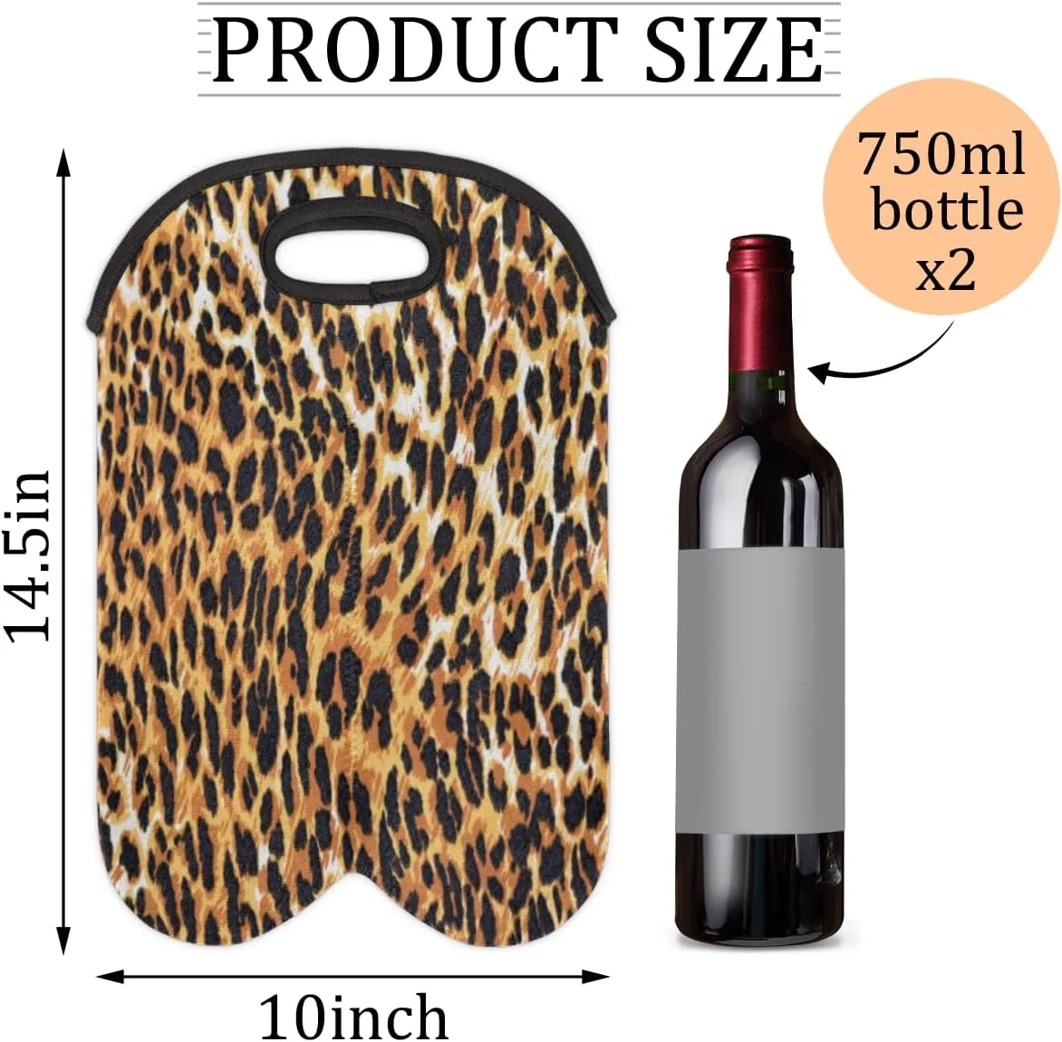 2 Bottle Wine Carrier Tote Bag Noble Leopard Print Insulated Neoprene Portable Bottle Holder Great Gift for Wine Lover, Great for Picnics Travel BYOB, Outdoor Entertaining