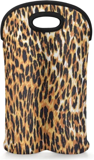 2 Bottle Wine Carrier Tote Bag Noble Leopard Print Insulated Neoprene Portable Bottle Holder Great Gift for Wine Lover, Great for Picnics Travel BYOB, Outdoor Entertaining