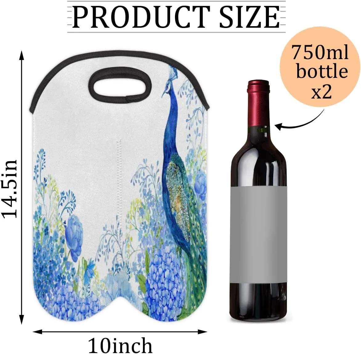2 Bottle Wine Carrier Tote Bag Noble Peacock Insulated Neoprene Portable Bottle Holder Great Gift for Wine Lover, Great for Picnics Travel BYOB, Outdoor Entertaining