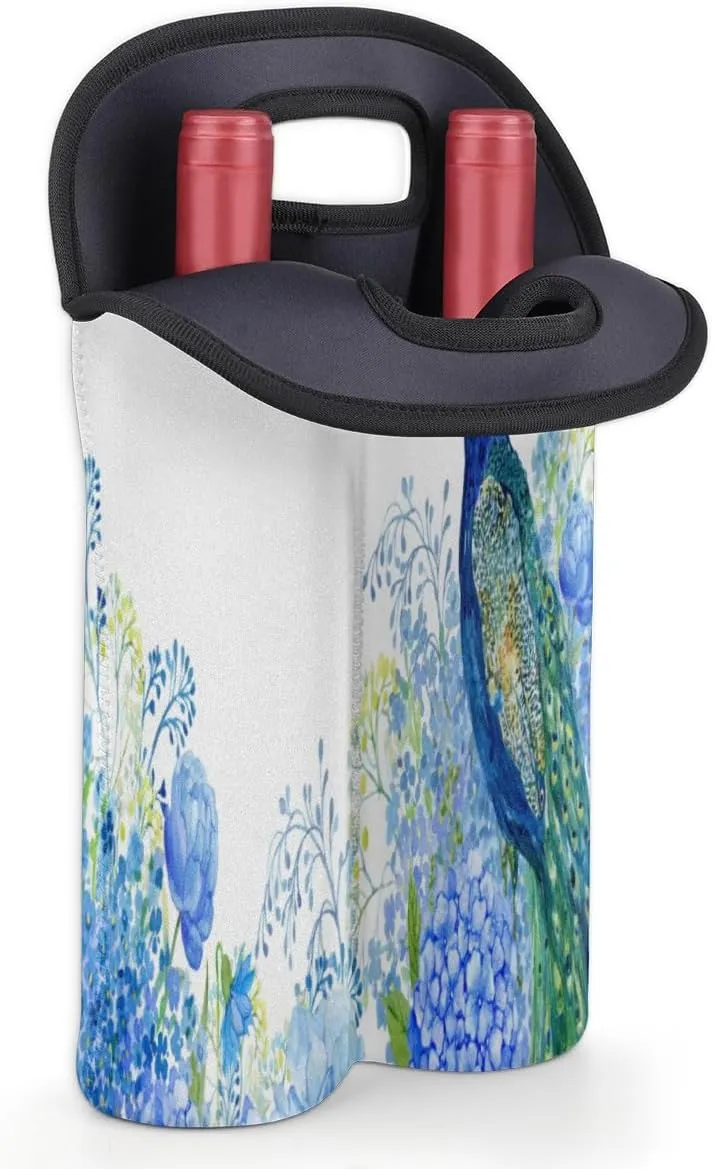 2 Bottle Wine Carrier Tote Bag Noble Peacock Insulated Neoprene Portable Bottle Holder Great Gift for Wine Lover, Great for Picnics Travel BYOB, Outdoor Entertaining