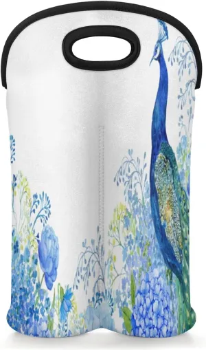 2 Bottle Wine Carrier Tote Bag Noble Peacock Insulated Neoprene Portable Bottle Holder Great Gift for Wine Lover, Great for Picnics Travel BYOB, Outdoor Entertaining