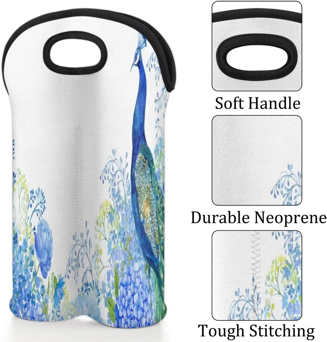 2 Bottle Wine Carrier Tote Bag Noble Peacock Insulated Neoprene Portable Bottle Holder Great Gift for Wine Lover, Great for Picnics Travel BYOB, Outdoor Entertaining