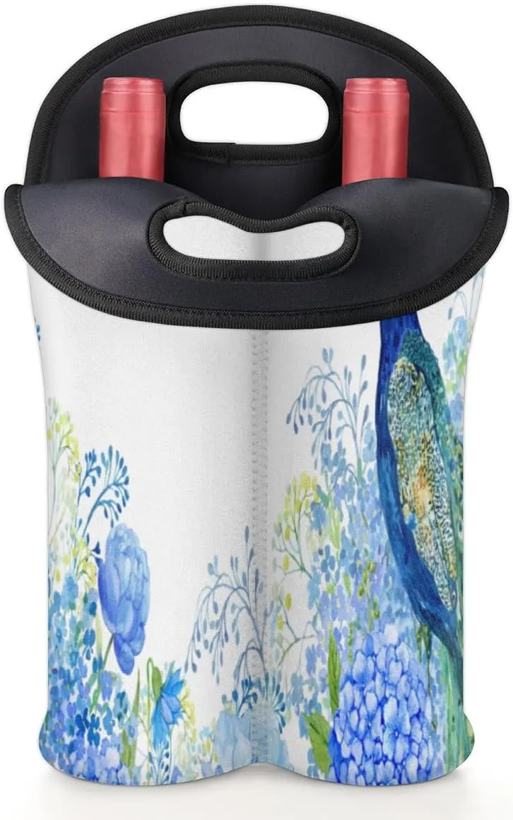 2 Bottle Wine Carrier Tote Bag Noble Peacock Insulated Neoprene Portable Bottle Holder Great Gift for Wine Lover, Great for Picnics Travel BYOB, Outdoor Entertaining