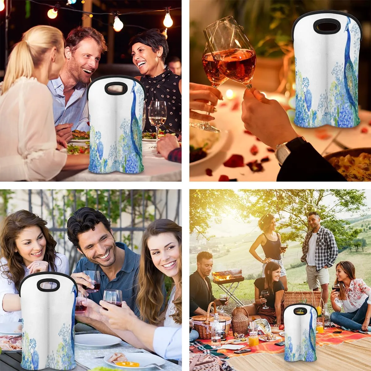 2 Bottle Wine Carrier Tote Bag Noble Peacock Insulated Neoprene Portable Bottle Holder Great Gift for Wine Lover, Great for Picnics Travel BYOB, Outdoor Entertaining