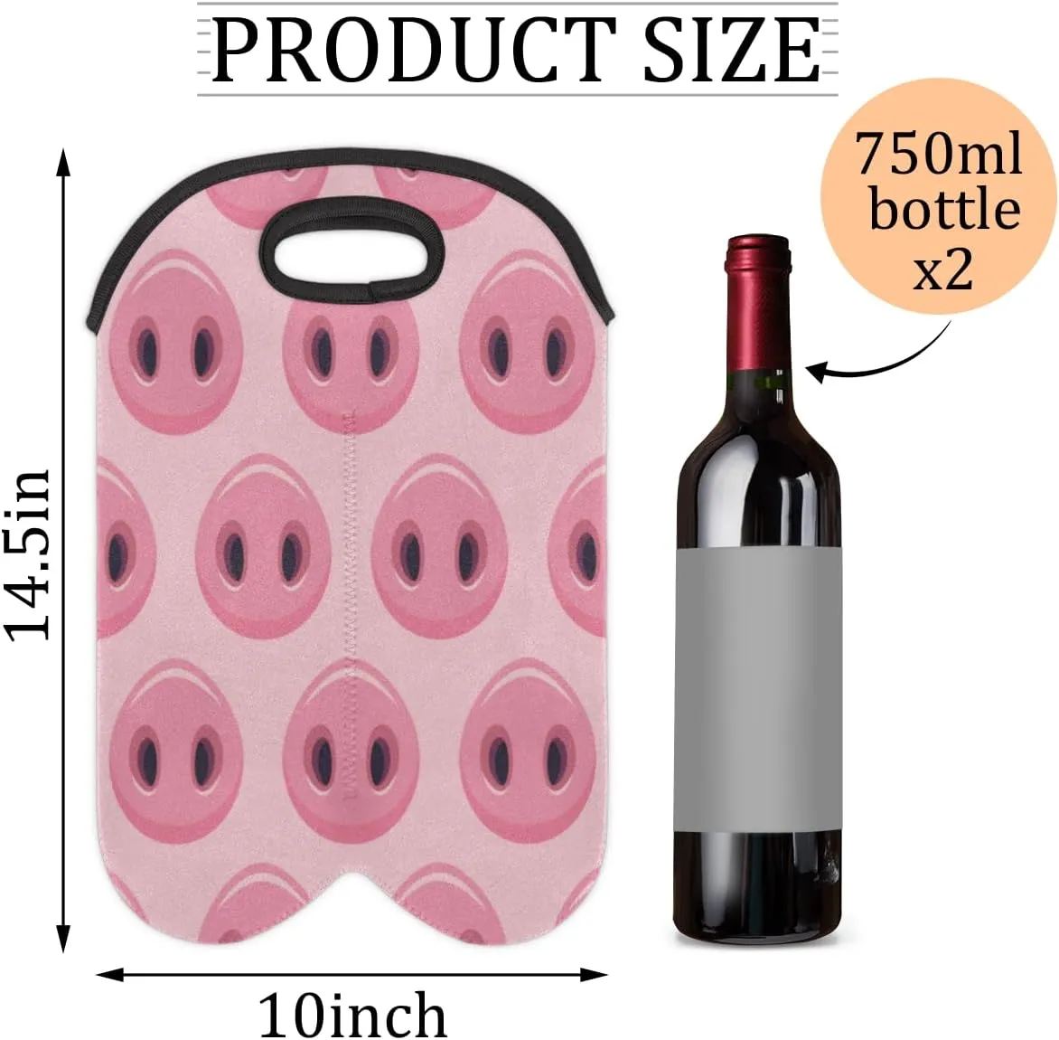 2 Bottle Wine Carrier Tote Bag Pig Snout Insulated Neoprene Portable Bottle Holder Great Gift for Wine Lover, Great for Picnics Travel BYOB, Outdoor Entertaining