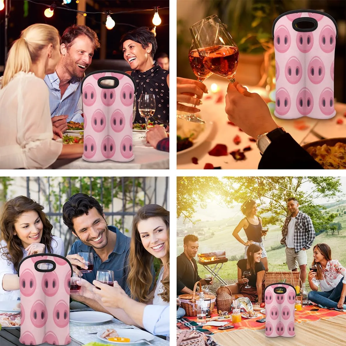 2 Bottle Wine Carrier Tote Bag Pig Snout Insulated Neoprene Portable Bottle Holder Great Gift for Wine Lover, Great for Picnics Travel BYOB, Outdoor Entertaining