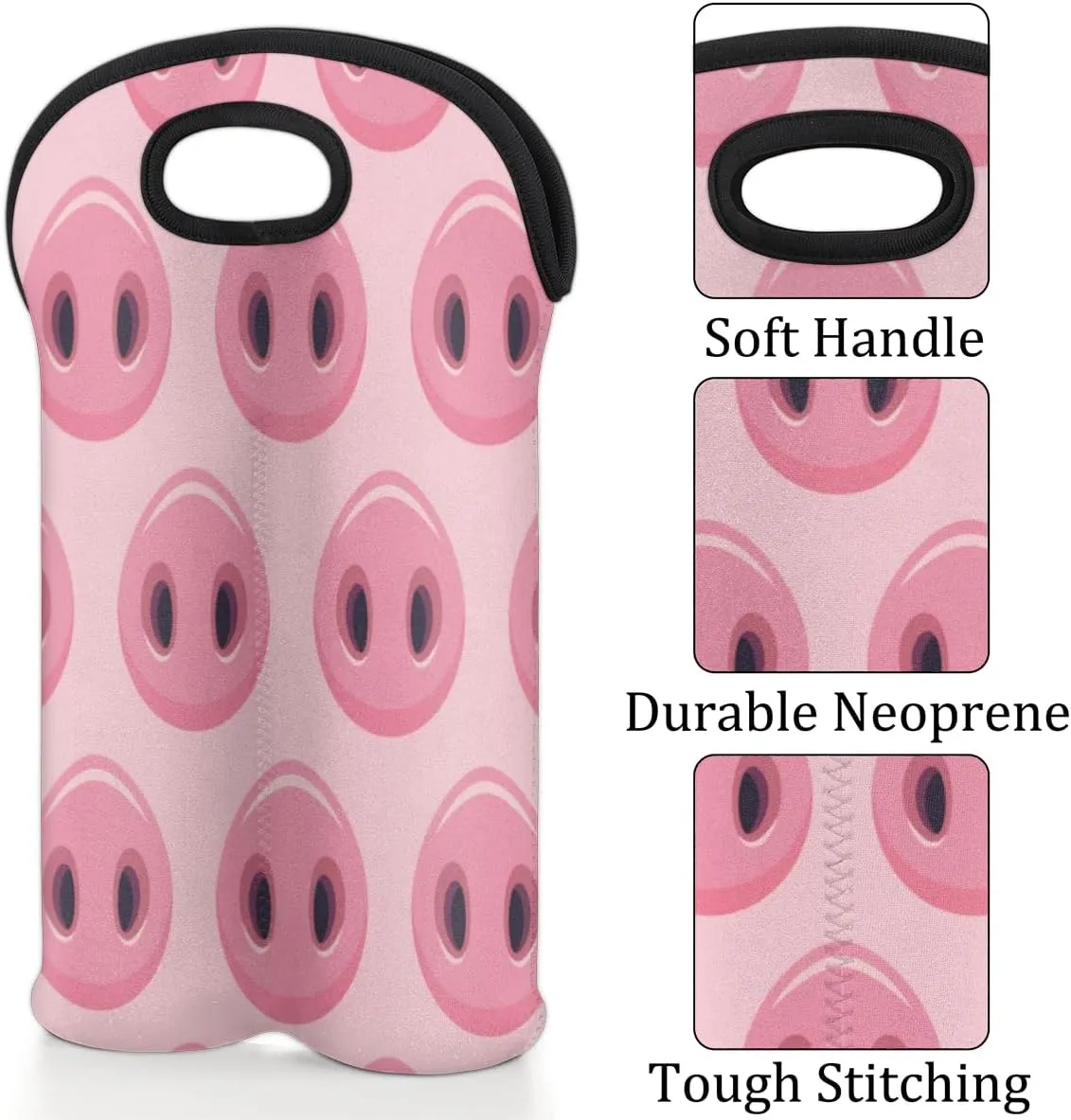 2 Bottle Wine Carrier Tote Bag Pig Snout Insulated Neoprene Portable Bottle Holder Great Gift for Wine Lover, Great for Picnics Travel BYOB, Outdoor Entertaining