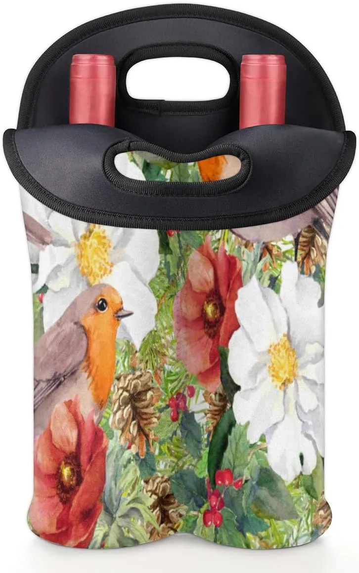 2 Bottle Wine Carrier Tote Bag Retro Flower Birds Insulated Neoprene Wine Bottle Holder Portable Wine Cooler Bag with Secure Carry Handle for Travel Picnic Birthday Party