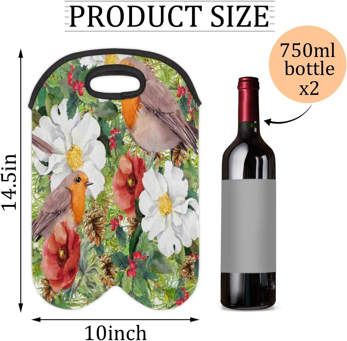 2 Bottle Wine Carrier Tote Bag Retro Flower Birds Insulated Neoprene Wine Bottle Holder Portable Wine Cooler Bag with Secure Carry Handle for Travel Picnic Birthday Party
