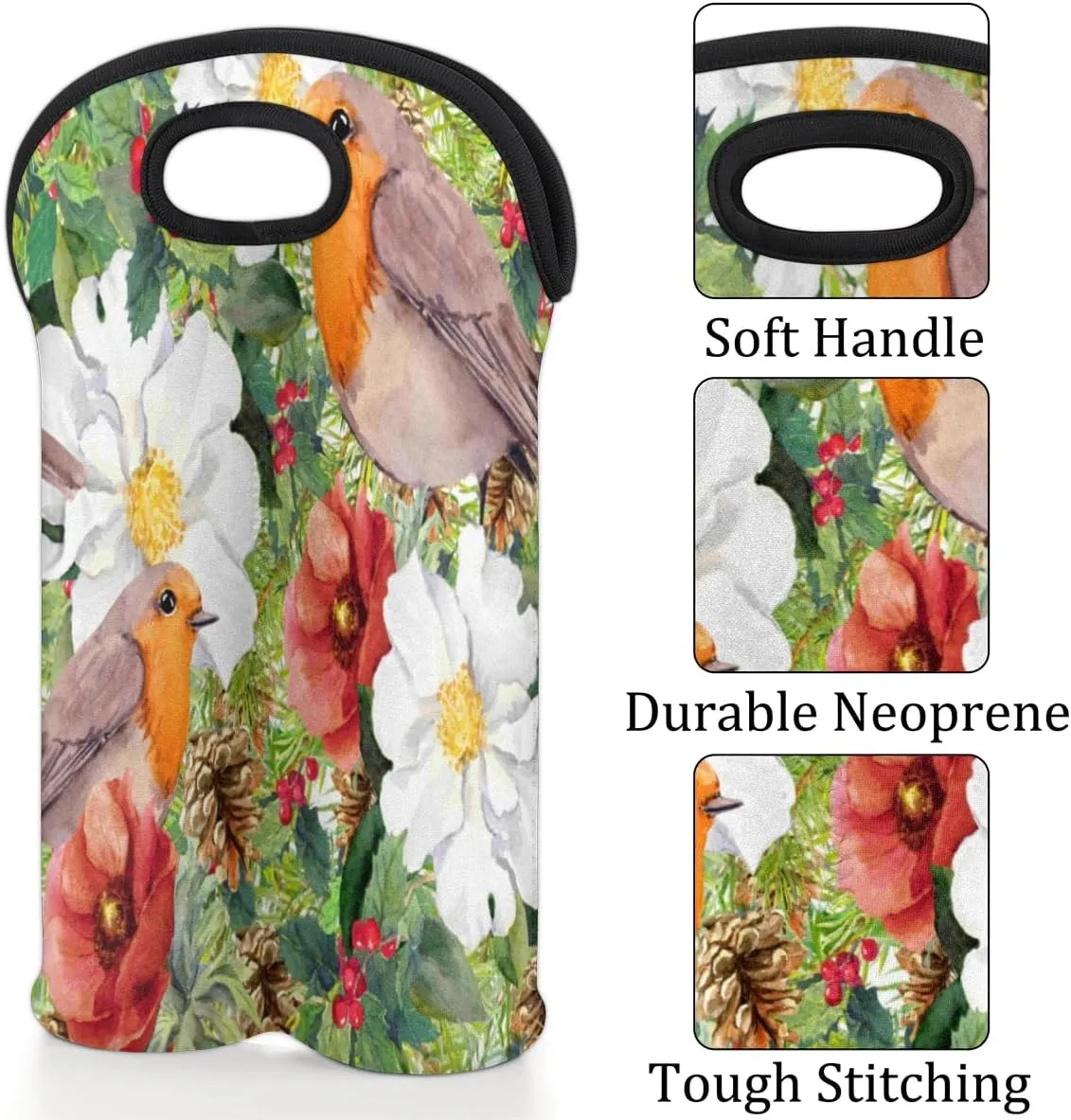 2 Bottle Wine Carrier Tote Bag Retro Flower Birds Insulated Neoprene Wine Bottle Holder Portable Wine Cooler Bag with Secure Carry Handle for Travel Picnic Birthday Party