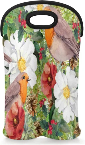 2 Bottle Wine Carrier Tote Bag Retro Flower Birds Insulated Neoprene Wine Bottle Holder Portable Wine Cooler Bag with Secure Carry Handle for Travel Picnic Birthday Party