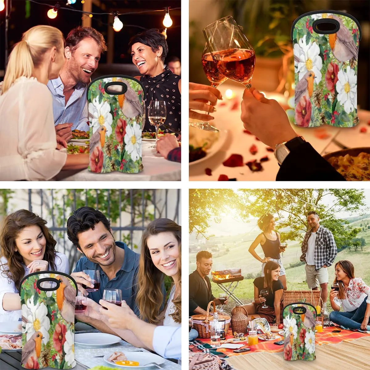 2 Bottle Wine Carrier Tote Bag Retro Flower Birds Insulated Neoprene Wine Bottle Holder Portable Wine Cooler Bag with Secure Carry Handle for Travel Picnic Birthday Party