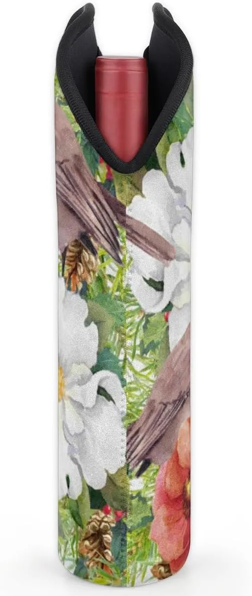 2 Bottle Wine Carrier Tote Bag Retro Flower Birds Insulated Neoprene Wine Bottle Holder Portable Wine Cooler Bag with Secure Carry Handle for Travel Picnic Birthday Party