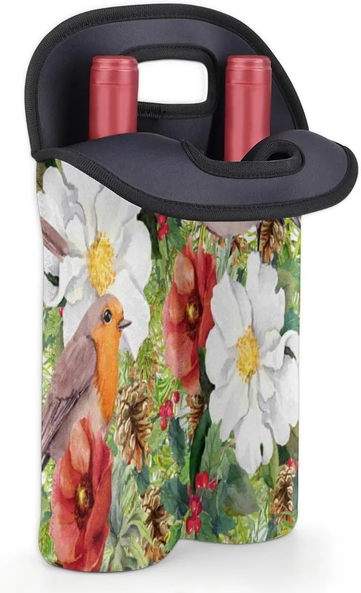 2 Bottle Wine Carrier Tote Bag Retro Flower Birds Insulated Neoprene Wine Bottle Holder Portable Wine Cooler Bag with Secure Carry Handle for Travel Picnic Birthday Party