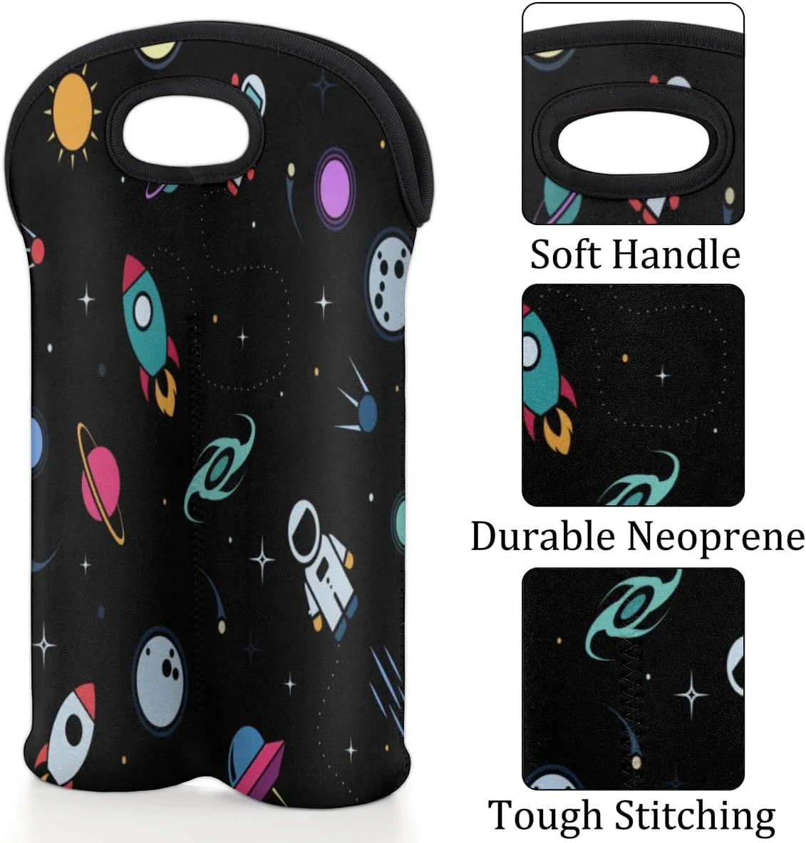 2 Bottle Wine Carrier Tote Bag Rocket Earth Astronaut Insulated Neoprene Wine Bottle Holder Portable Wine Cooler Bag with Secure Carry Handle for Travel Picnic Birthday Party