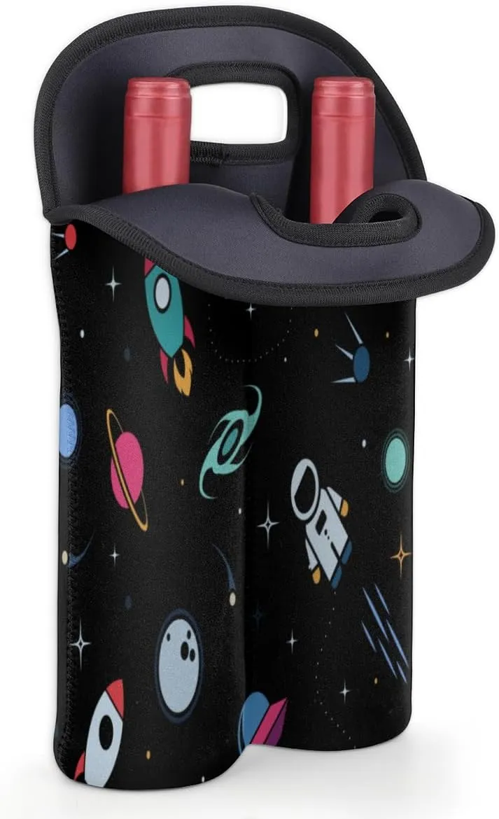 2 Bottle Wine Carrier Tote Bag Rocket Earth Astronaut Insulated Neoprene Wine Bottle Holder Portable Wine Cooler Bag with Secure Carry Handle for Travel Picnic Birthday Party