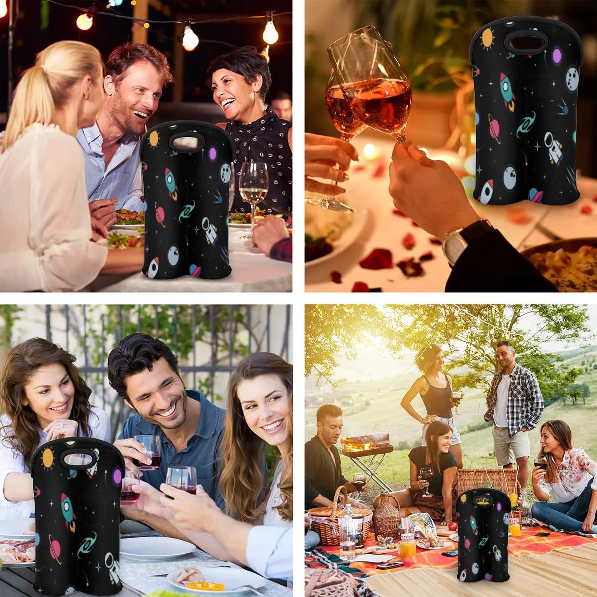 2 Bottle Wine Carrier Tote Bag Rocket Earth Astronaut Insulated Neoprene Wine Bottle Holder Portable Wine Cooler Bag with Secure Carry Handle for Travel Picnic Birthday Party