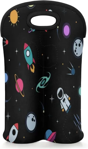 2 Bottle Wine Carrier Tote Bag Rocket Earth Astronaut Insulated Neoprene Wine Bottle Holder Portable Wine Cooler Bag with Secure Carry Handle for Travel Picnic Birthday Party