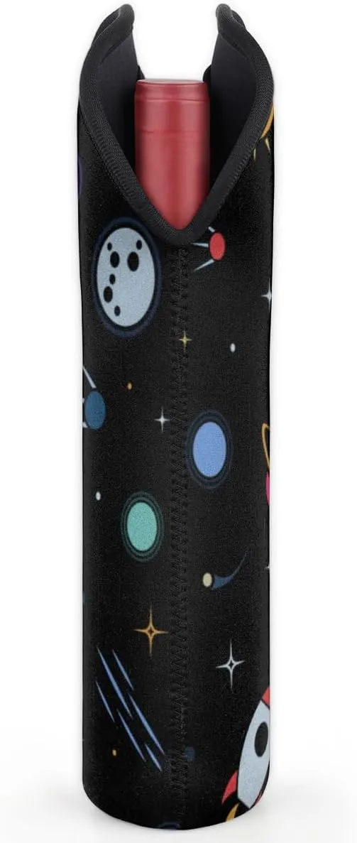 2 Bottle Wine Carrier Tote Bag Rocket Earth Astronaut Insulated Neoprene Wine Bottle Holder Portable Wine Cooler Bag with Secure Carry Handle for Travel Picnic Birthday Party
