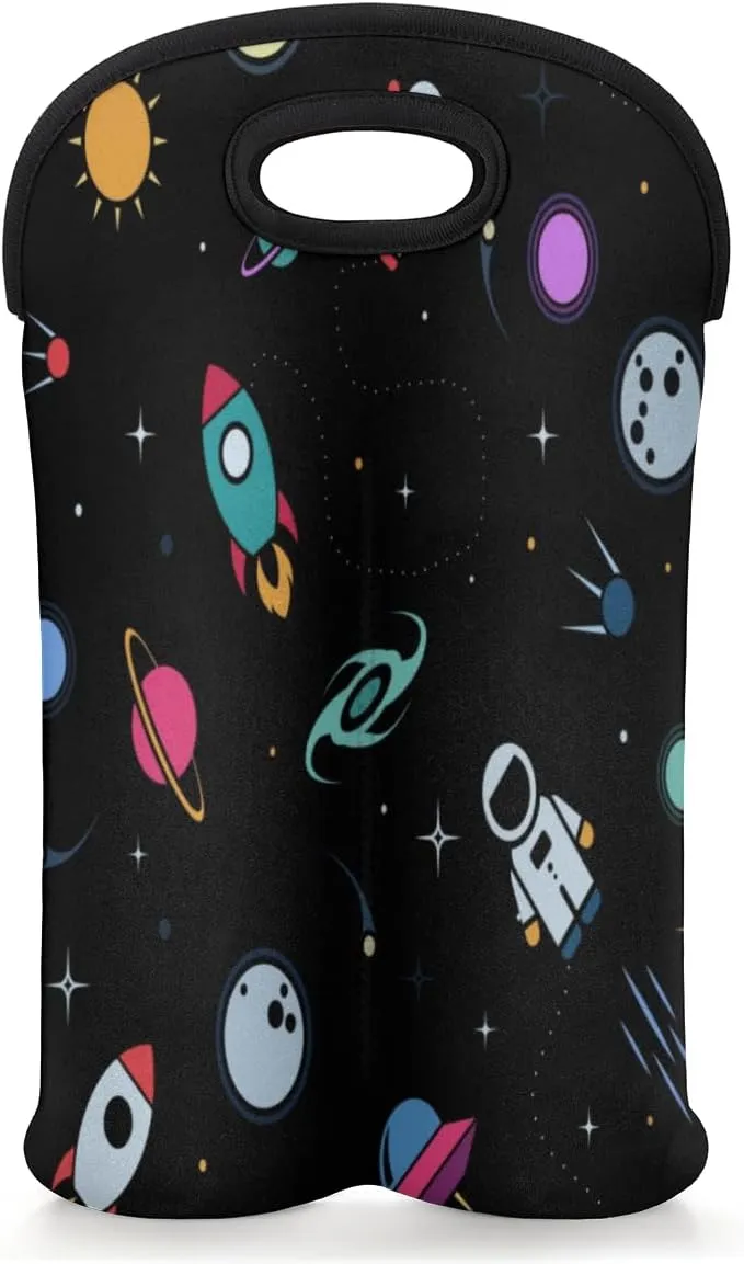 2 Bottle Wine Carrier Tote Bag Rocket Earth Astronaut Insulated Neoprene Wine Bottle Holder Portable Wine Cooler Bag with Secure Carry Handle for Travel Picnic Birthday Party