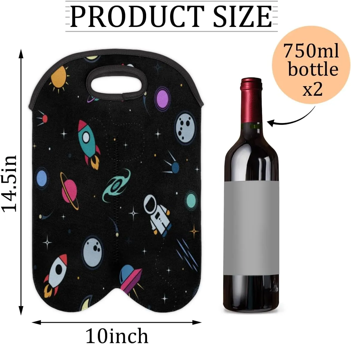 2 Bottle Wine Carrier Tote Bag Rocket Earth Astronaut Insulated Neoprene Wine Bottle Holder Portable Wine Cooler Bag with Secure Carry Handle for Travel Picnic Birthday Party