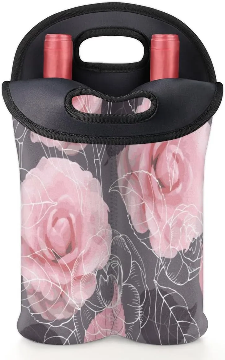 2 Bottle Wine Carrier Tote Bag Rose Paint Insulated Neoprene Wine Bottle Holder Portable Wine Cooler Bag with Secure Carry Handle for Travel Picnic Birthday Party