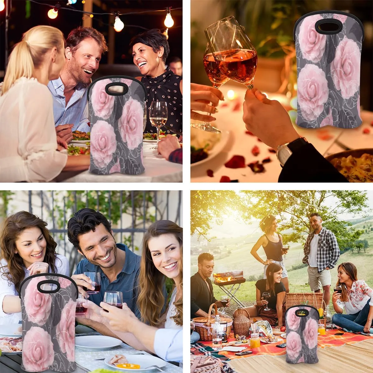 2 Bottle Wine Carrier Tote Bag Rose Paint Insulated Neoprene Wine Bottle Holder Portable Wine Cooler Bag with Secure Carry Handle for Travel Picnic Birthday Party