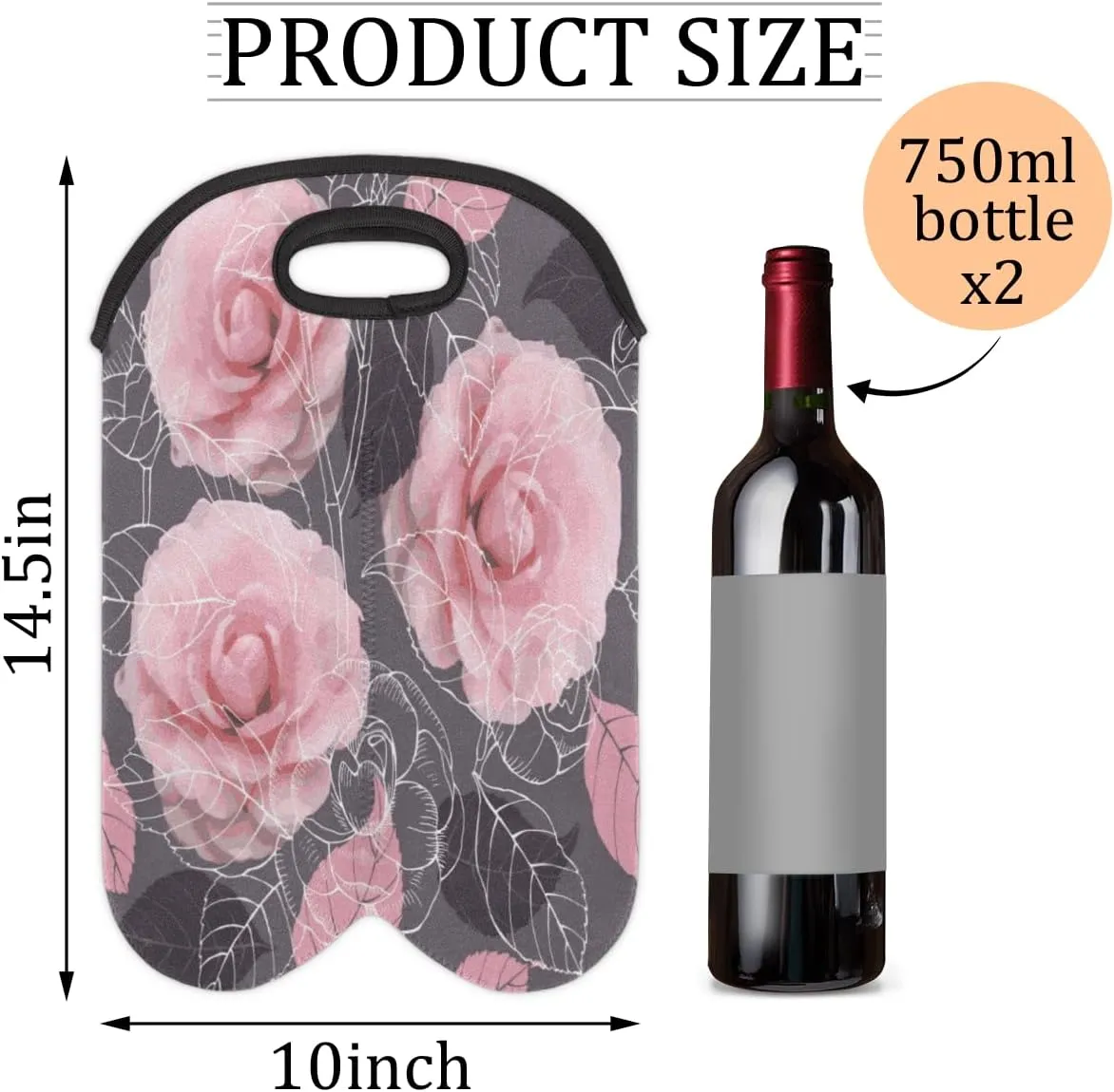 2 Bottle Wine Carrier Tote Bag Rose Paint Insulated Neoprene Wine Bottle Holder Portable Wine Cooler Bag with Secure Carry Handle for Travel Picnic Birthday Party