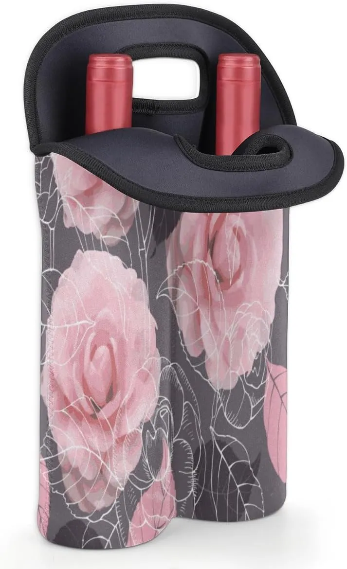 2 Bottle Wine Carrier Tote Bag Rose Paint Insulated Neoprene Wine Bottle Holder Portable Wine Cooler Bag with Secure Carry Handle for Travel Picnic Birthday Party